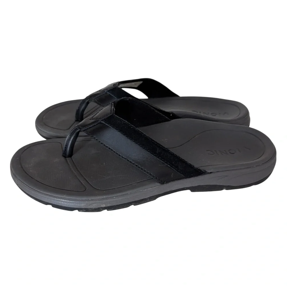 Vionic Men's Dennis Black Leather Flip Flops Sz 7